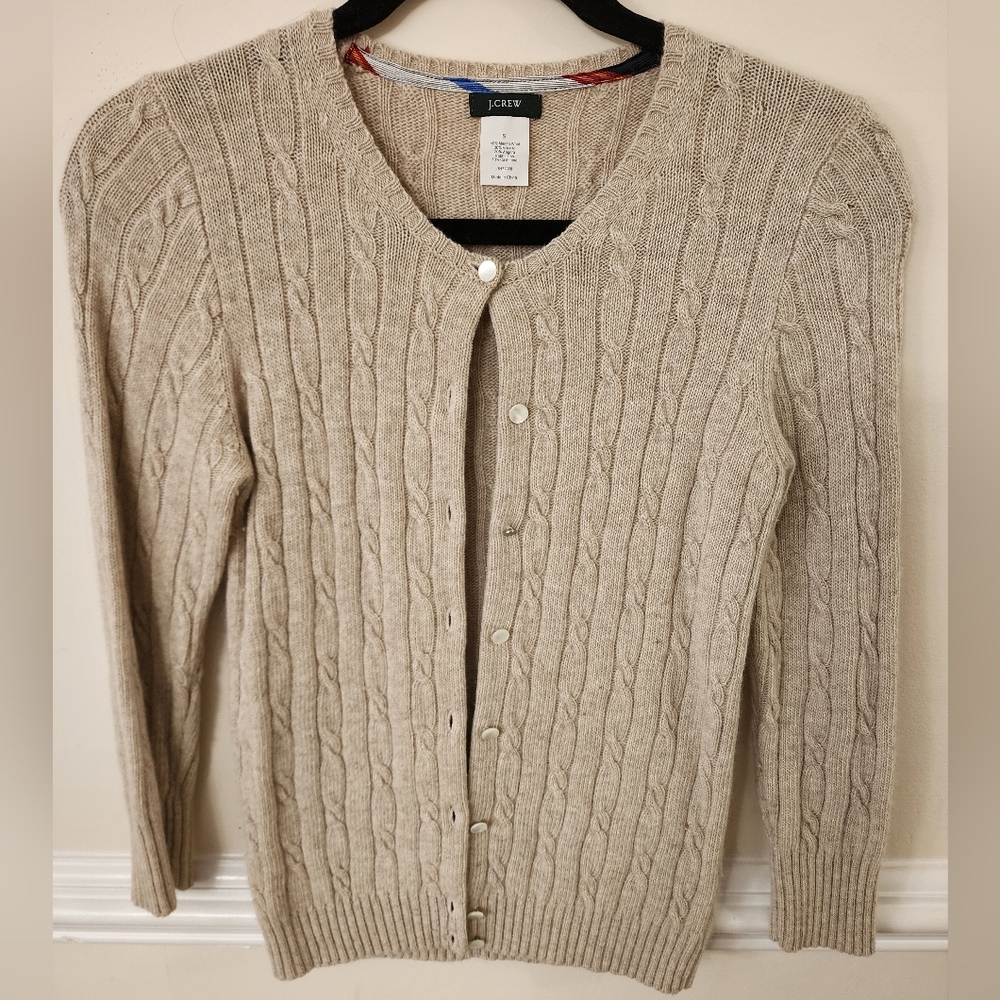 J.Crew Beige Cable Knit Cardigan Merino Wool Cashmere Blend Preppy Old Money